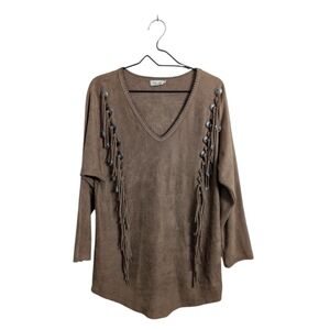 Tasha Polizzi Faux Suede Brown Tunic Top Long Sleeve Fringe Beads Western M